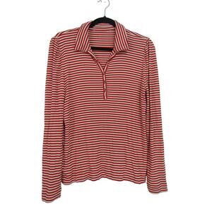 Red Stripe Knit Henley Rayon Shirt Womens sz M Boho Nautical Cottagecore Holiday